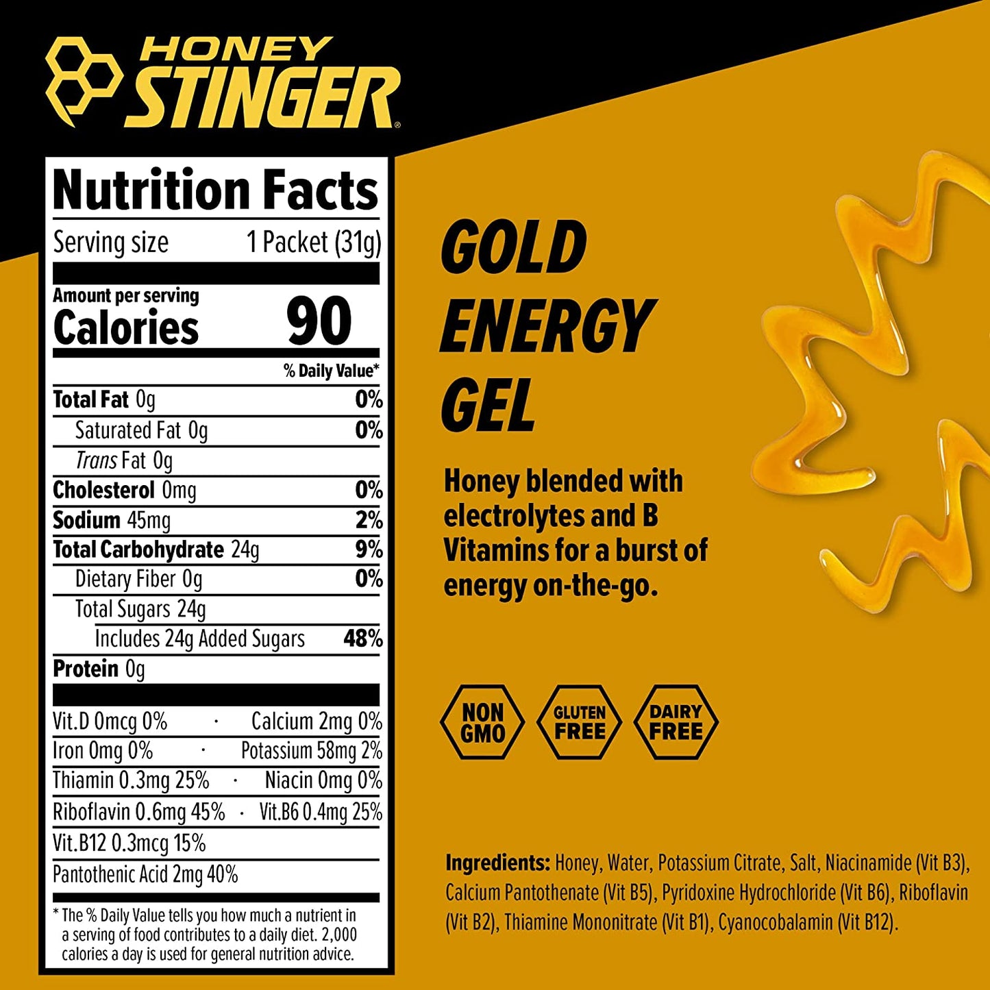 Honey Stinger Gold Energy Gel | Gluten Free & Caffeine Free | for Exercise, Running and Performance | Sports Nutrition for Home & Gym, Pre and Mid Workout | 24 Pack, 26.4oz