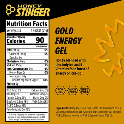 Honey Stinger Gold Energy Gel | Gluten Free & Caffeine Free | for Exercise, Running and Performance | Sports Nutrition for Home & Gym, Pre and Mid Workout | 24 Pack, 26.4oz