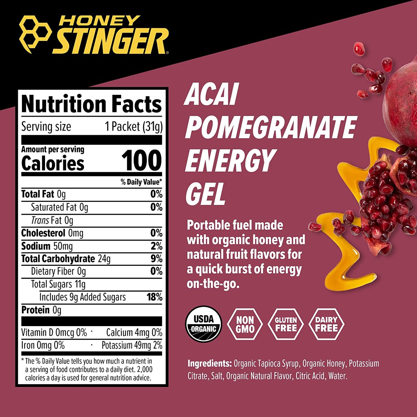 Honey Stinger Organic Acai Pomegranate Energy Gel | Gluten Free & Caffeine Free | For Exercise, Running and Performance | Sports Nutrition for Home & Gym, Pre and Mid Workout | 24 Pack, 26.4oz