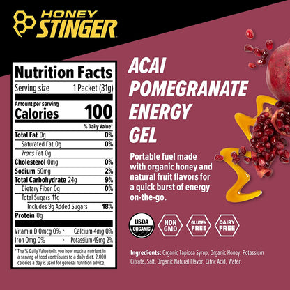 Honey Stinger Organic Acai Pomegranate Energy Gel | Gluten Free & Caffeine Free | For Exercise, Running and Performance | Sports Nutrition for Home & Gym, Pre and Mid Workout | 24 Pack, 26.4oz