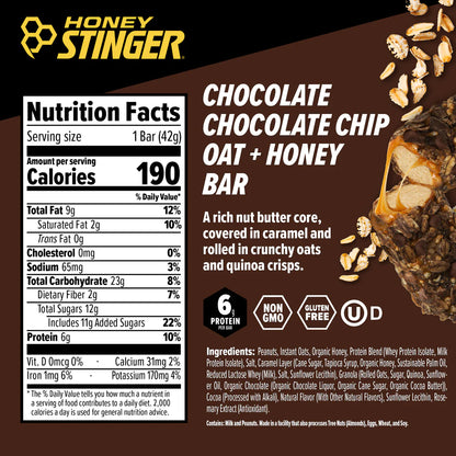 Honey Stinger Oat + Honey Bar | Chocolate Chocolate Chip | Energy Packed Food to Prepare for Exercise, Endurance and Performance | Sports Nutrition Snack Bar | Pre-Workout, Protein, Gluten Free | Box of 12