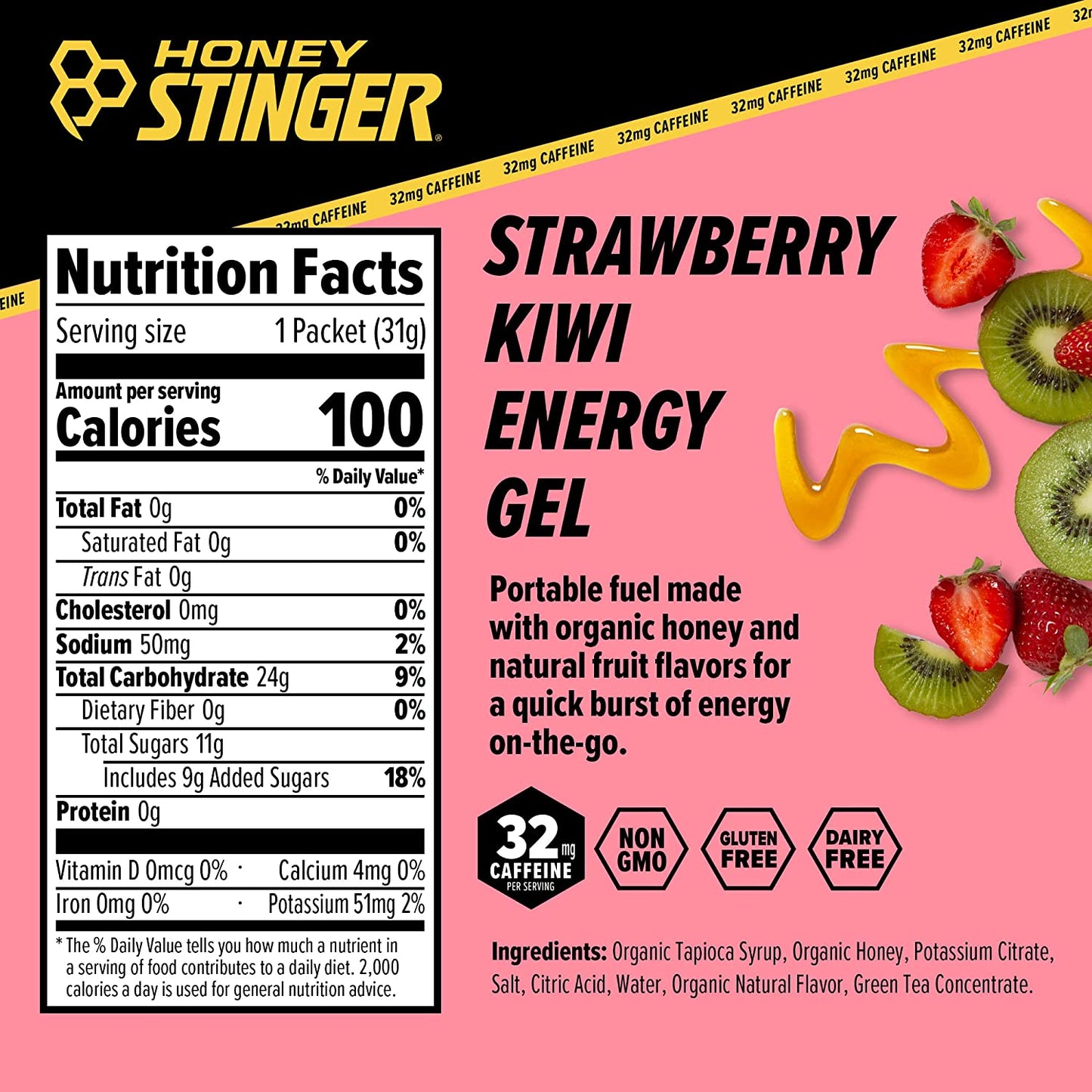 Honey Stinger Organic Strawberry Kiwi Energy Gel | Gluten Free & Caffeine Free | For Exercise, Running and Performance | Sports Nutrition for Home & Gym, Pre and Mid Workout | 24 Pack, 26.4oz