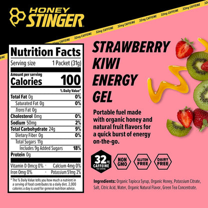 Honey Stinger Organic Strawberry Kiwi Energy Gel | Gluten Free & Caffeine Free | For Exercise, Running and Performance | Sports Nutrition for Home & Gym, Pre and Mid Workout | 24 Pack, 26.4oz