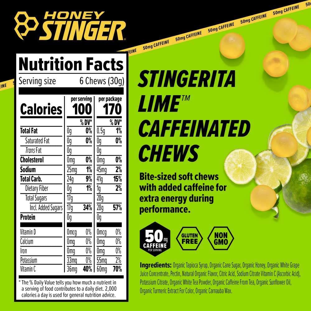 Honey Stinger Stingerita Lime Caffeinated Energy Chew | Gluten Free | With Caffeine | For Exercise, Running and Performance | Sports Nutrition for Home & Gym, Pre and Mid Workout | 12 Pack, 23.2oz