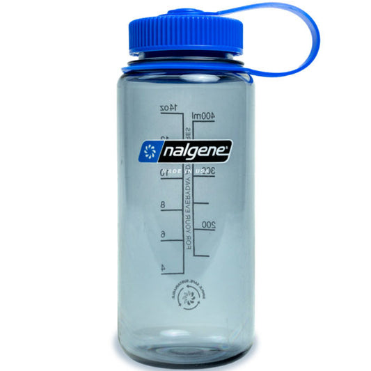 Nalgene 16oz Wide Mouth Sustain Bottle, Slate Gray w/ Blue Cap