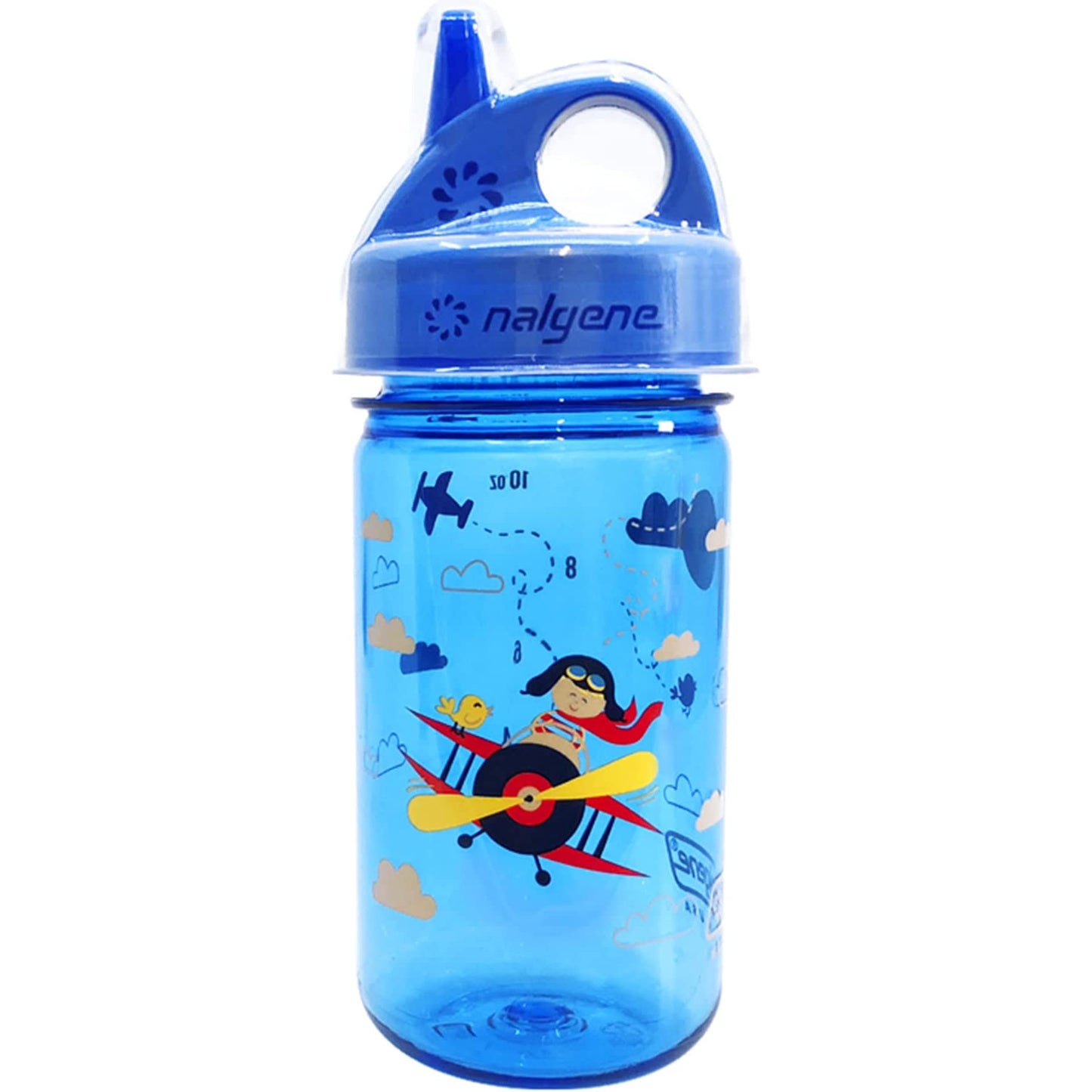 Nalgene 12oz Grip-N-Gulp Sustain Kids Water Bottle, Blue Biplane (w/ Cover)