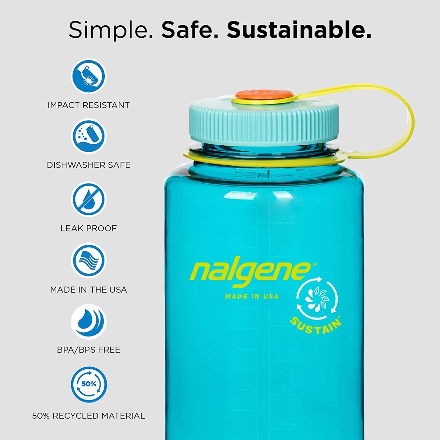 Nalgene 32oz Wide Mouth Sustain Water Bottle, Slate Grey w/ Blue Cap