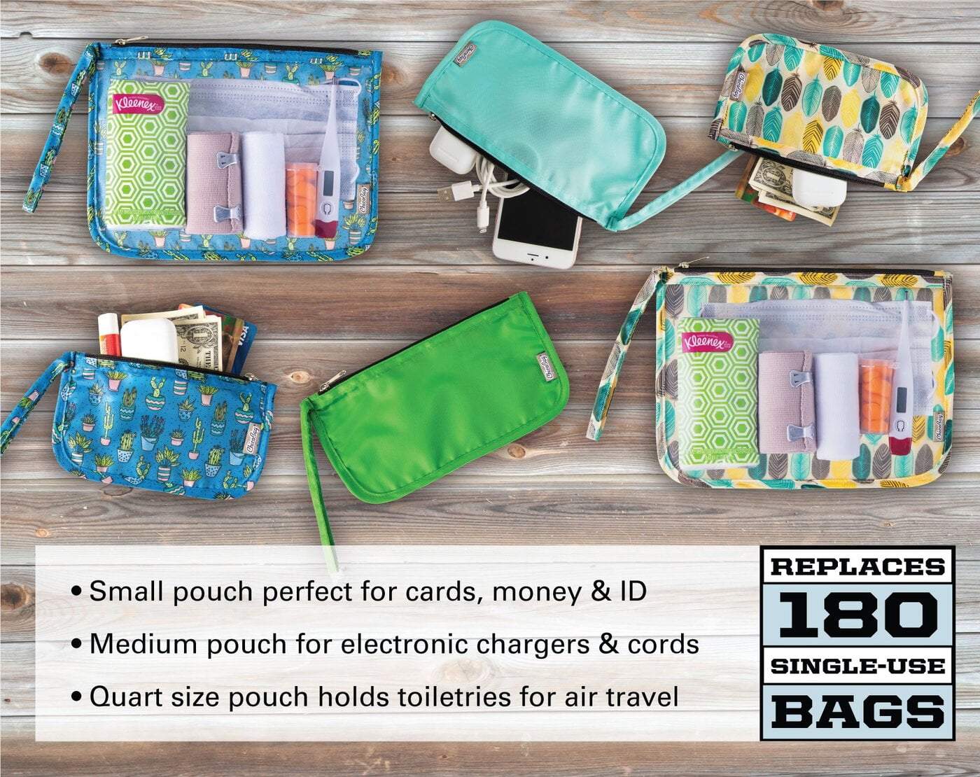 ChicoBag Reusable Travel Pouches with Zipper (3 Pack Set) Quart, Medium, Small