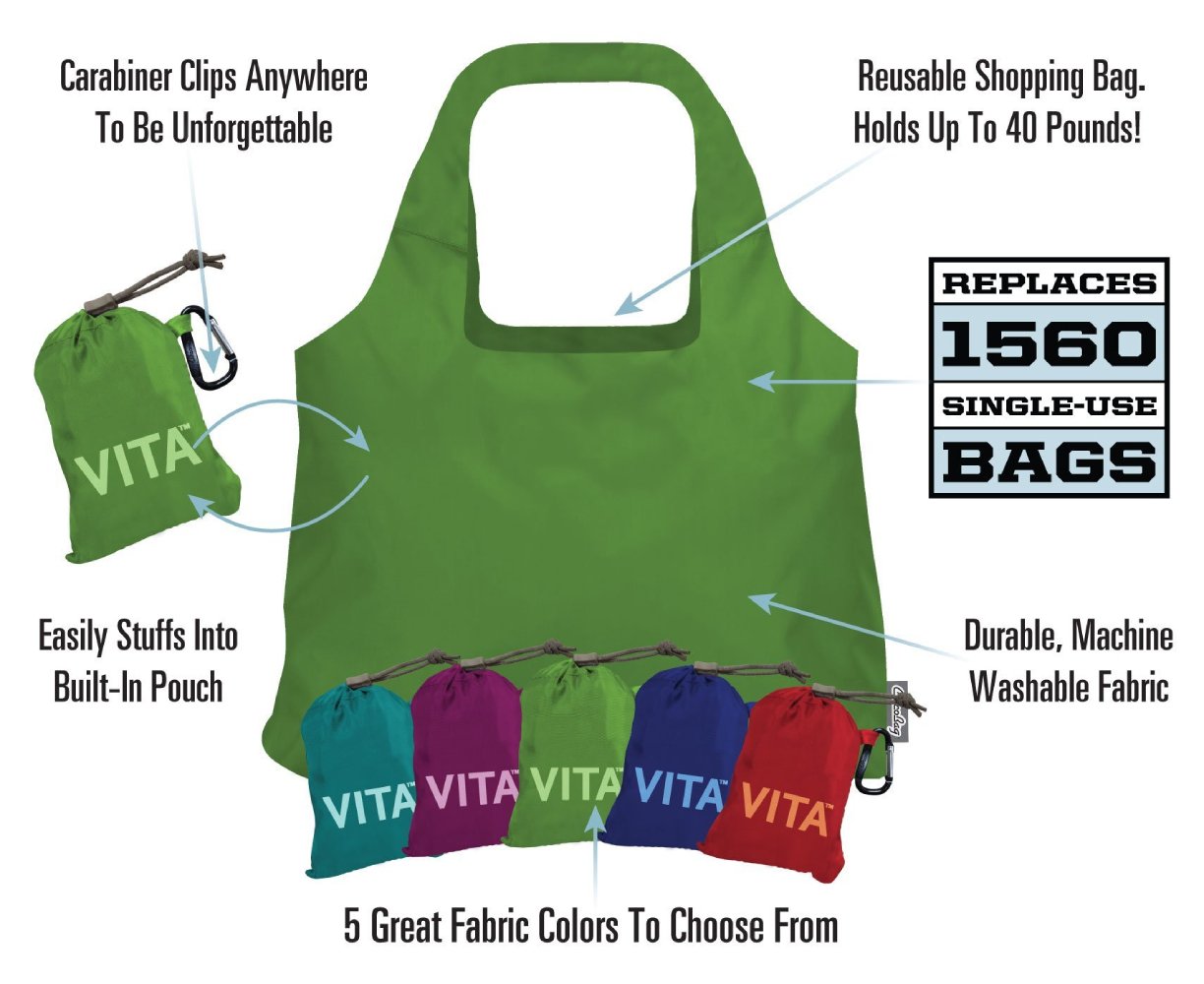 ChicoBag VITA Reusable Shopping Tote Bag with Attached Pouch and Carabiner Clip