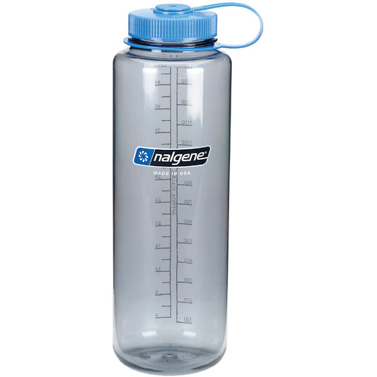 Nalgene 48oz Wide Mouth Sustain Water Bottle, Gray w/ Blue Cap