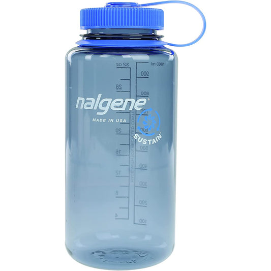 Nalgene 32oz Wide Mouth Sustain Water Bottle, Slate Grey w/ Blue Cap
